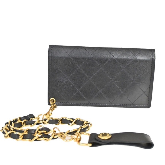 CHANEL CC Logo chain Matelasse Bifold Wallet Purse Leather Black France 79RF104 - Picture 1 of 5